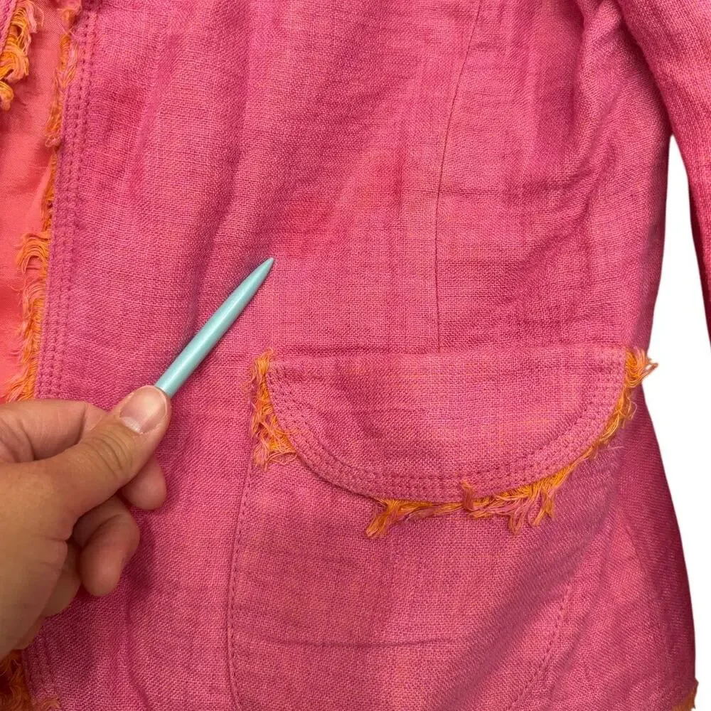 Anne Klein Linen Blazer Pink Orange Fringe Petite 6P Shoulder Pads‎ Y2K Revival